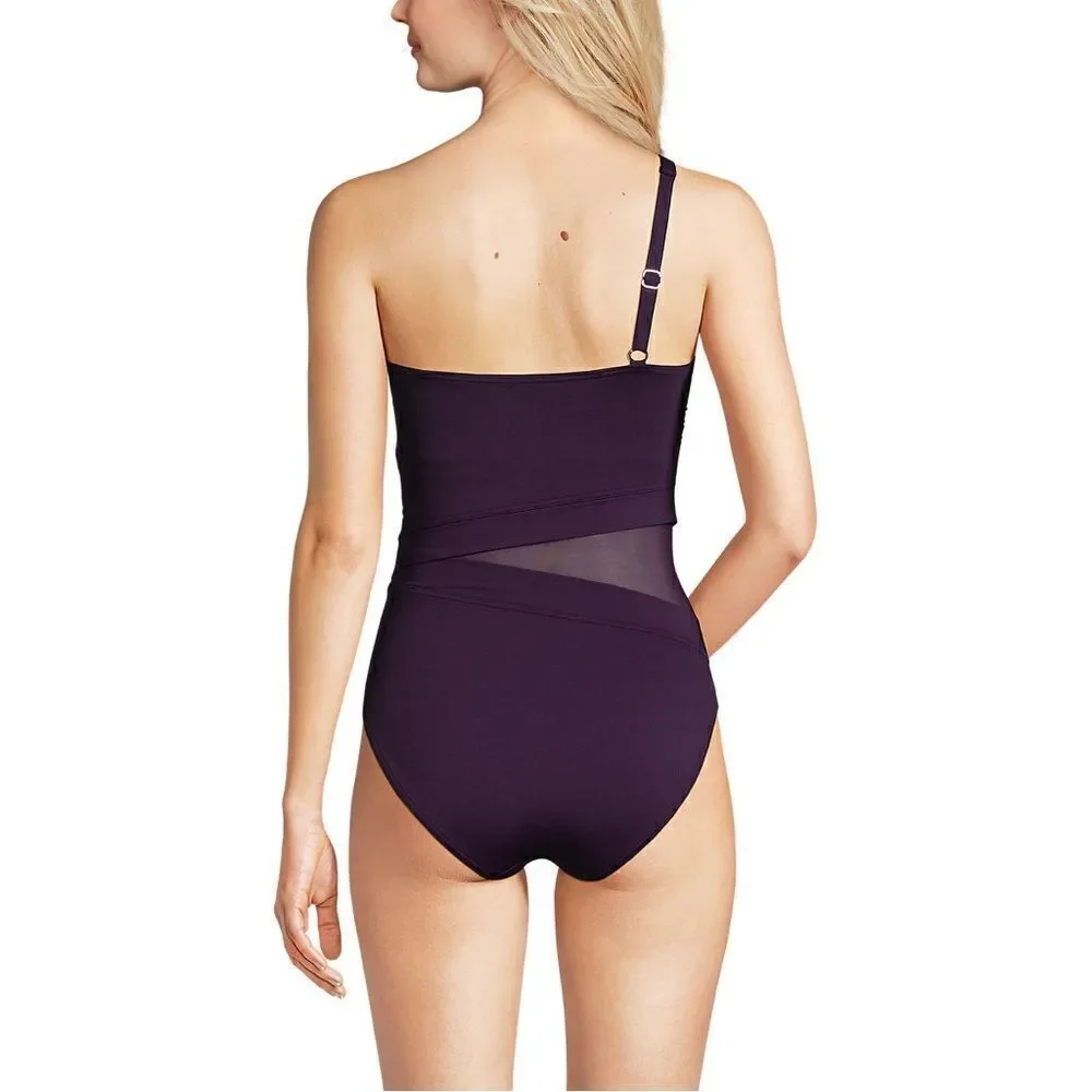 Land's End Plus Size Smoothing Mesh 1 Piece Swimsuit 1 shoulder BlackBerry 14 - Picture 3 of 8